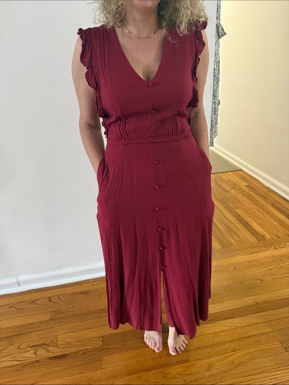 Women's Deep Red Button-Front Midi Dress